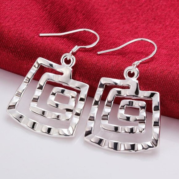 925 STERLING SILVER Stamped Modernist Rippled Textured Geometric Square EARRINGS - Picture 3 of 10